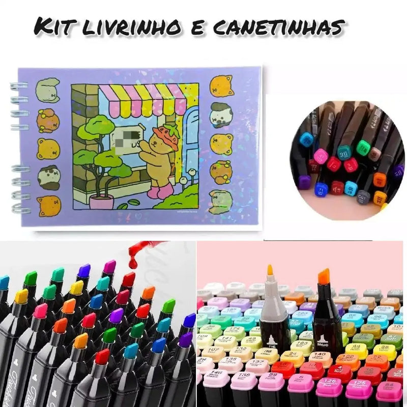 Kit Bobbie Goods capa dura 55 folhas + canetas 12 cores duplas - Livro de colorir