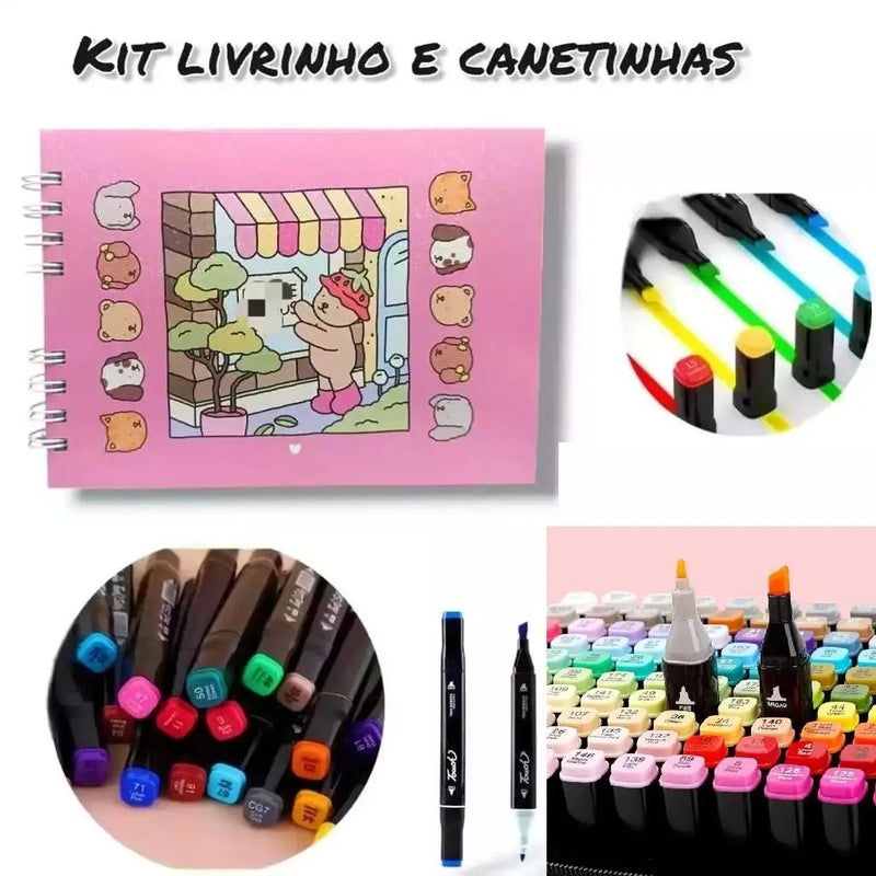 Kit Bobbie Goods capa dura 55 folhas + canetas 12 cores duplas - Livro de colorir