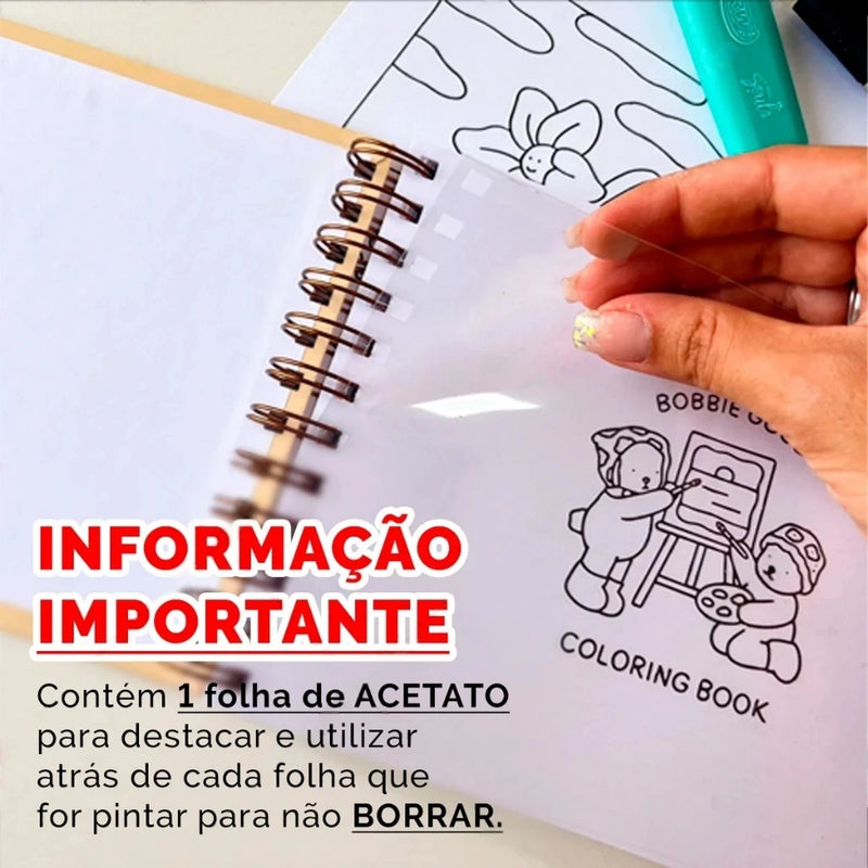 Kit Bobbie Goods capa dura 55 folhas + canetas 12 cores duplas - Livro de colorir
